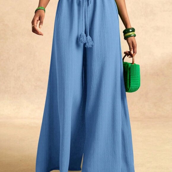 Blue Casual Women's Full Length wide legging flowy Pants - Picture 4 of 7